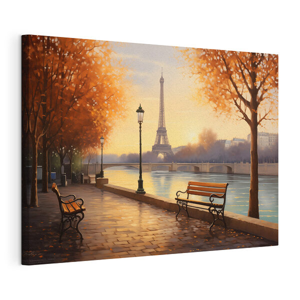 Cuadros Cuadros Un banco y un río con árboles y una torre al fondo (SKU: s42577)
