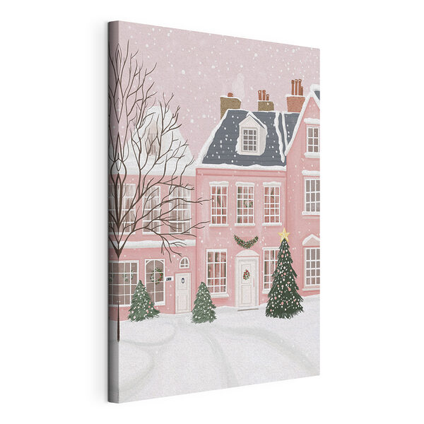 Cuadros Casa rosa con árboles y nieve