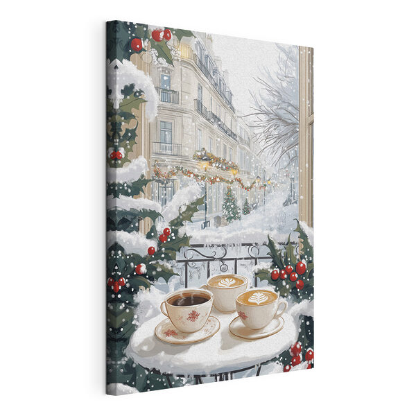 Un par de tazas de café en un balcón con nieve y edificios Cuadros Un par de tazas de café en un balcón con nieve y edificios