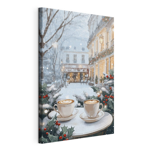 Cuadros Dos tazas de café sobre una mesa frente a una calle nevada