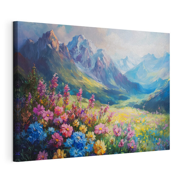 Cuadros Cuadro de flores en un campo con montañas al fondo