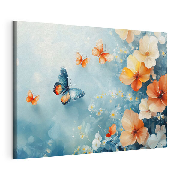 Mariposas y flores sobre un fondo azul Cuadros Mariposas y flores sobre un fondo azul