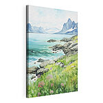 Cuadros Pintura en acuarela de una costa rocosa con montañas y un cielo azul