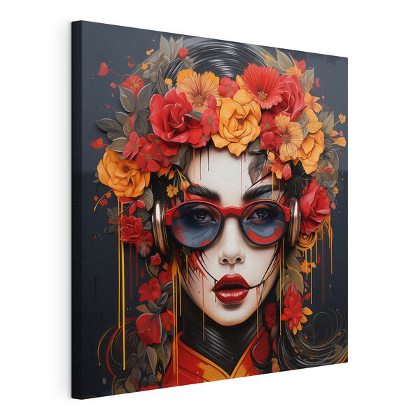 Cuadros Mujer con flores en el pelo y gafas