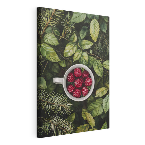 Cuadros Una taza de frambuesas en un árbol