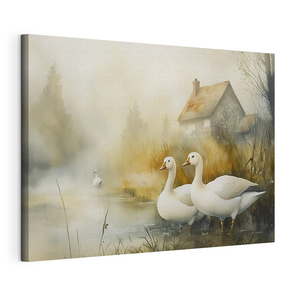 Pintura en acuarela de gansos en un estanque Cuadros Pintura en acuarela de gansos en un estanque