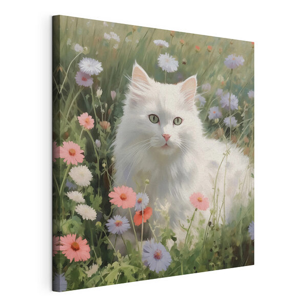 Gato blanco en un campo de flores Cuadros Gato blanco en un campo de flores