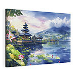 Cuadros Pintura en acuarela de un lago con una pagoda y nenúfares