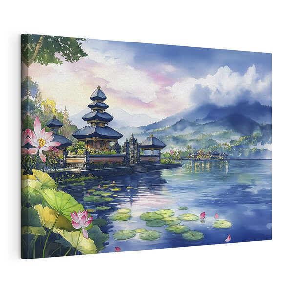Pintura en acuarela de un lago con una pagoda y nenúfares Cuadros Pintura en acuarela de un lago con una pagoda y nenúfares