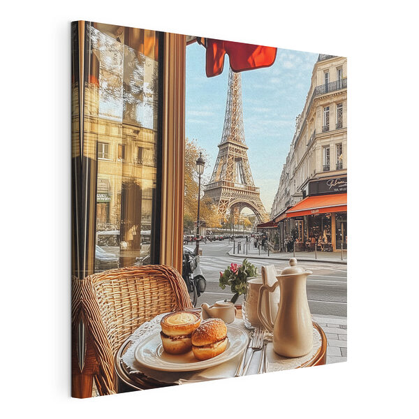 Una mesa con comida encima y otra mesa con una torre al fondo Cuadros Una mesa con comida encima y otra mesa con una torre al fondo