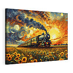 Cuadros Tren en las vías, con girasoles y humo saliendo de la locomotora