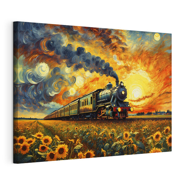 Tren en las vías, con girasoles y humo saliendo de la locomotora Cuadros Tren en las vías, con girasoles y humo saliendo de la locomotora