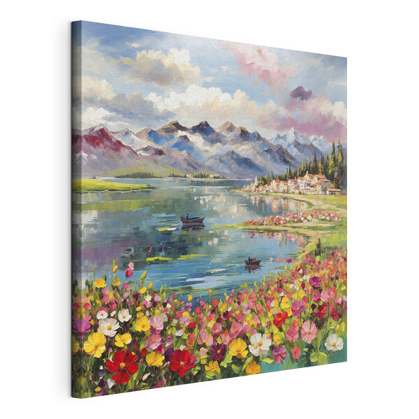 Cuadros Cuadro de un lago con flores y montañas al fondo
