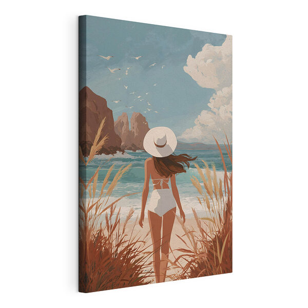 Cuadros Mujer en bañador y con gorro paseando por la playa