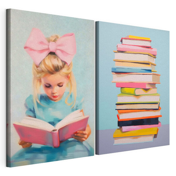 Lámina modular sobre lienzo Una chica leyendo un libro y una pila de libros