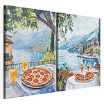 Lámina modular sobre lienzo Pintura en acuarela de una mesa con pizzas y bebidas encima