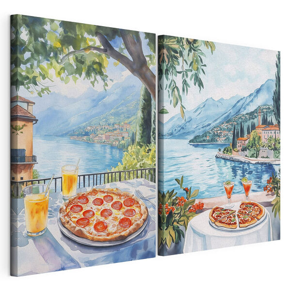Lámina modular sobre lienzo Pintura en acuarela de una mesa con pizzas y bebidas encima