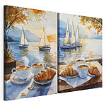 Lámina modular sobre lienzo Pintura en acuarela de un par de tazas de café y cruasanes sobre una mesa, con barcos al fondo
