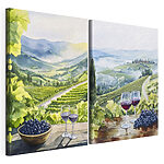 Lámina modular sobre lienzo Cuadro en el que se ven copas de vino y uvas sobre una mesa
