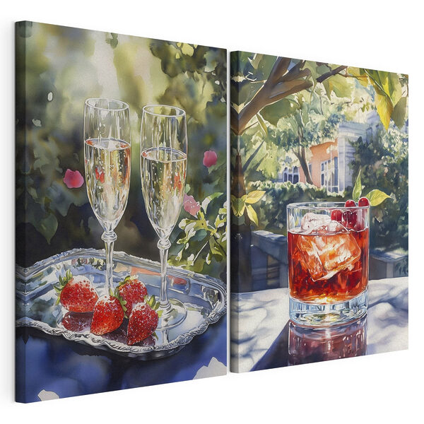 Pintura en acuarela de copas de vino y fresas Lámina modular sobre lienzo Pintura en acuarela de copas de vino y fresas