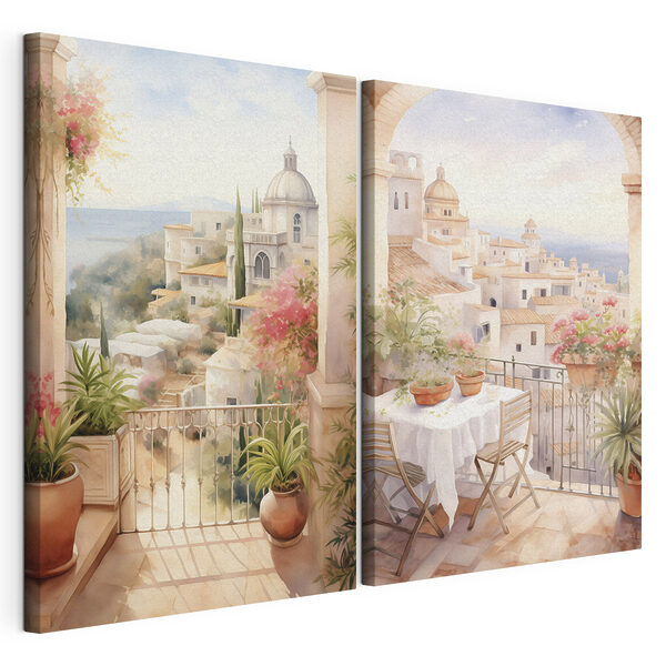 Cuadro de un balcón con una mesa y sillas y otro balcón con vistas a una ciudad Lámina modular sobre lienzo Cuadro de un balcón con una mesa y sillas y otro balcón con vistas a una ciudad