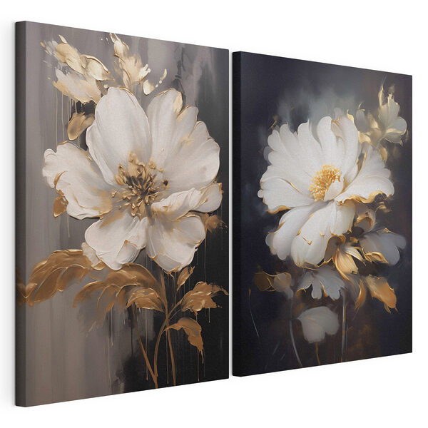 Lámina modular sobre lienzo Dos cuadros de flores sobre fondo negro