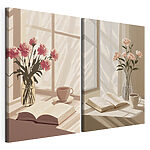 Lámina modular sobre lienzo Un jarrón con flores y un libro en el alféizar de una ventana
