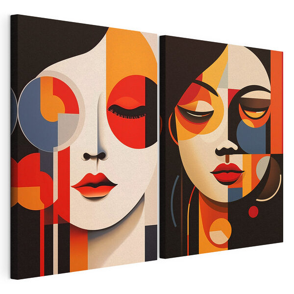 Un par de obras de arte que representan rostros de mujeres Lámina modular sobre lienzo Un par de obras de arte que representan rostros de mujeres