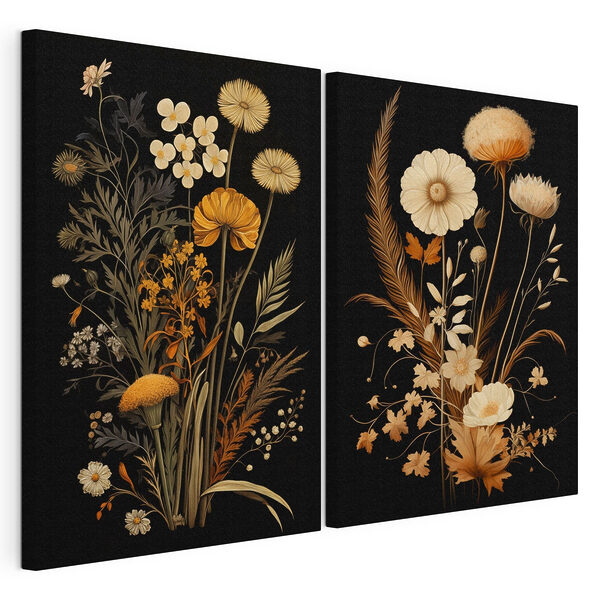 Lámina modular sobre lienzo Ilustraciones botánicas de estilo caprichoso sobre fondo negro