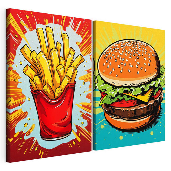 Lámina modular sobre lienzo Una hamburguesa y unas patatas fritas en una bolsa roja