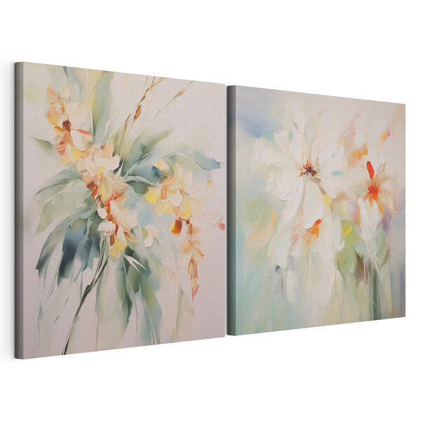 Dos cuadros de flores sobre un fondo blanco Lámina modular sobre lienzo Dos cuadros de flores sobre un fondo blanco