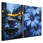 Lámina modular sobre lienzo Una taza de café sobre una mesa con flores