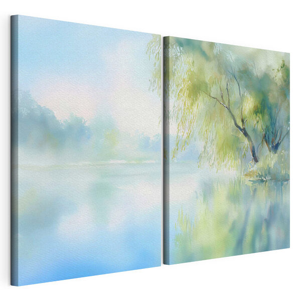 Lámina modular sobre lienzo Pintura en acuarela de un árbol y un lago