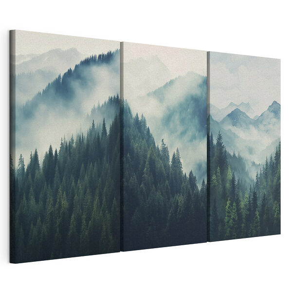 Lámina modular sobre lienzo Cordillera con árboles y niebla