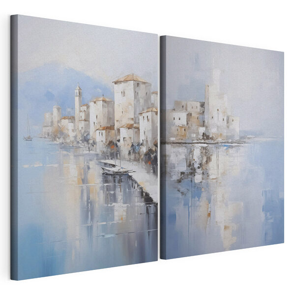 Lámina modular sobre lienzo Cuadro en el que se representan una ciudad y una masa de agua