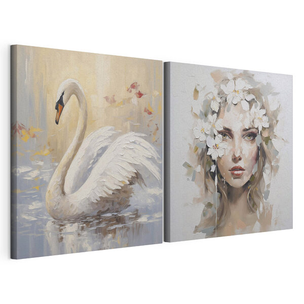 Cuadro de una mujer con flores en el pelo y un cisne Lámina modular sobre lienzo Cuadro de una mujer con flores en el pelo y un cisne