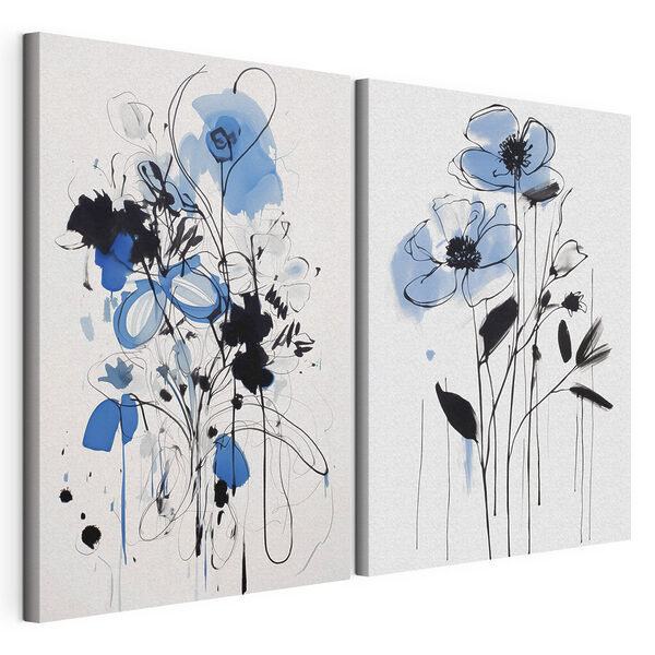 Lámina modular sobre lienzo Cuadro de flores pintado con pintura negra y azul