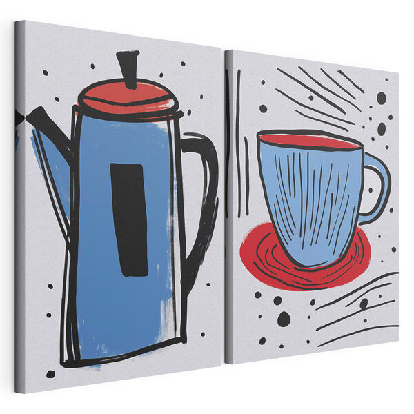 Dibujo de una cafetera y una taza Lámina modular sobre lienzo Dibujo de una cafetera y una taza