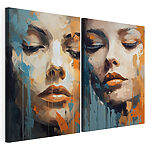 Lámina modular sobre lienzo Rostro de una mujer pintado de naranja y azul