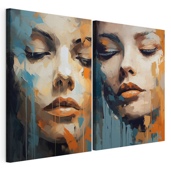 Lámina modular sobre lienzo Rostro de una mujer pintado de naranja y azul