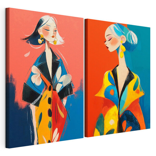 Collage de una mujer con un abrigo de colores vivos Lámina modular sobre lienzo Collage de una mujer con un abrigo de colores vivos
