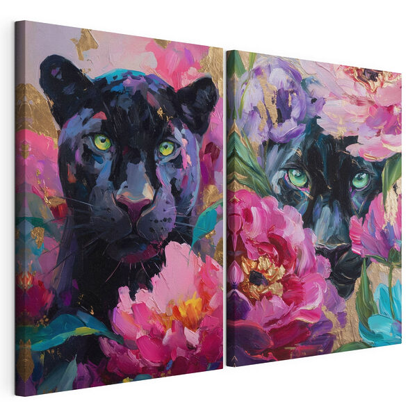 Cuadro de una pantera y una pantera con flores Lámina modular sobre lienzo Cuadro de una pantera y una pantera con flores