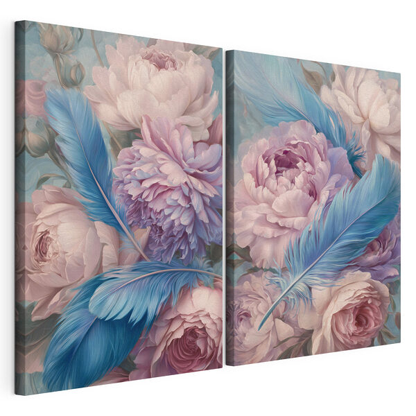Delicadas flores con suaves plumas Lámina modular sobre lienzo Delicadas flores con suaves plumas