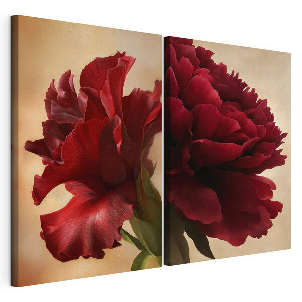 Flores de un rojo intenso bajo una luz suave Lámina modular sobre lienzo Flores de un rojo intenso bajo una luz suave