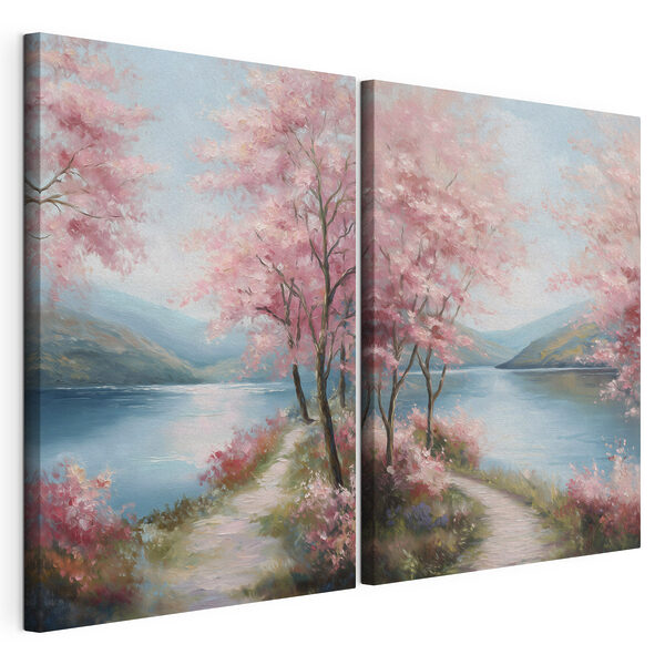 Lámina modular sobre lienzo Cuadro que representa un sendero junto a un lago con flores rosas