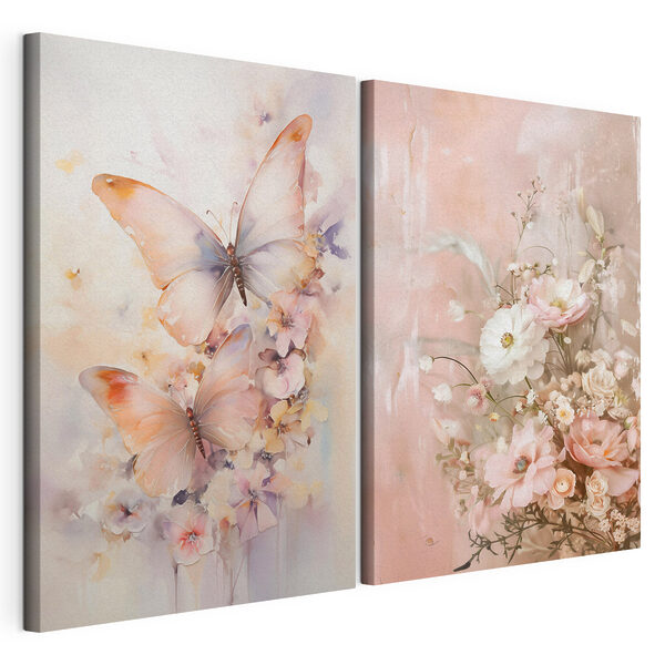 Lámina modular sobre lienzo Dos cuadros de flores y mariposas