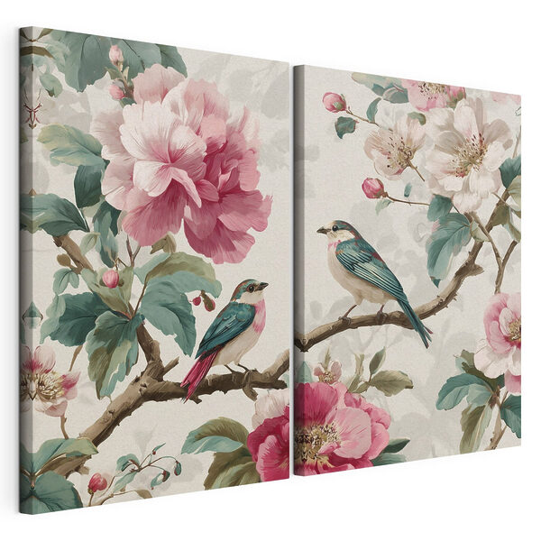 Dos pájaros en una rama con flores Lámina modular sobre lienzo Dos pájaros en una rama con flores