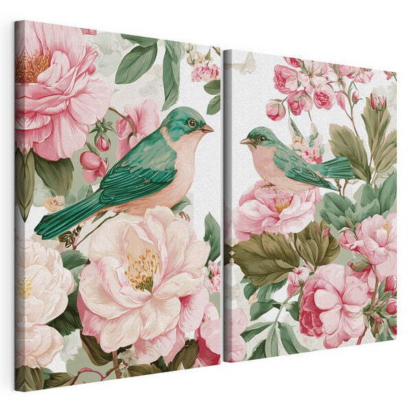 Lámina modular sobre lienzo Dos pájaros sobre una flor
