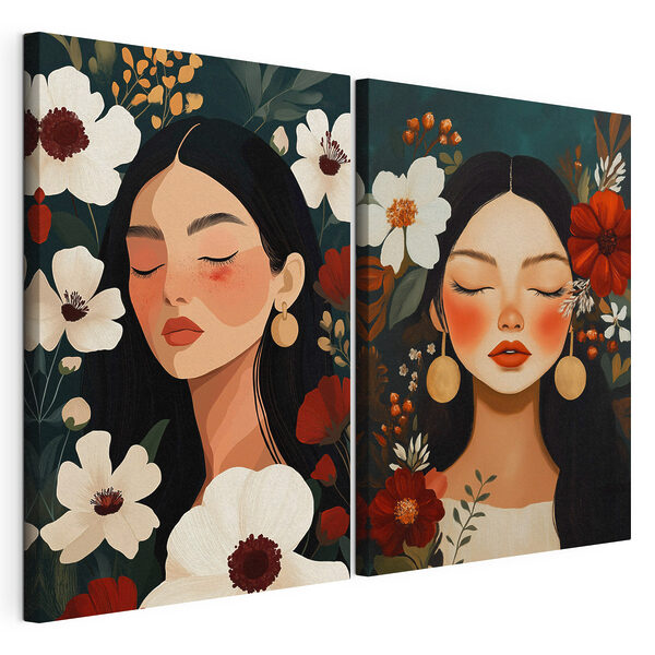 Expresiones serenas entre flores de vivos colores Lámina modular sobre lienzo Expresiones serenas entre flores de vivos colores