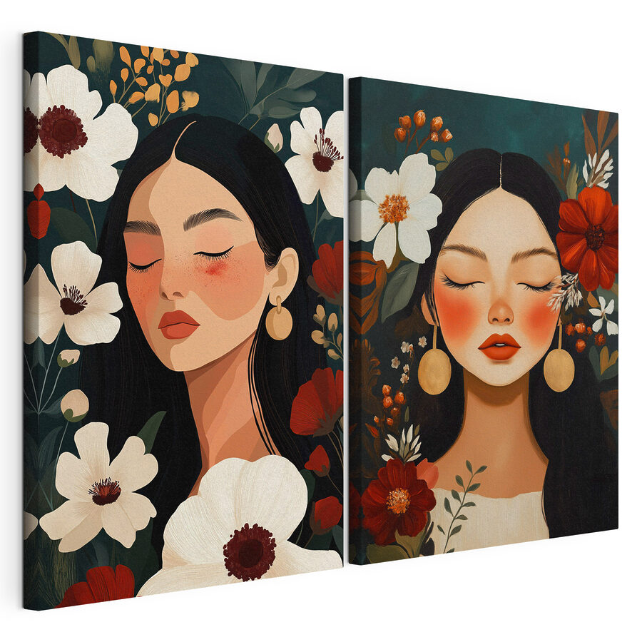 Cuadro modular Expresiones serenas entre flores de vivos colores (SKU: m30883)
